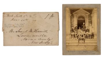 Two examples of archived material from the Lawrenceville School. On the left there is a handwritten envelope and on the right an aged school picture featuring nine students posed on the steps outside the school.