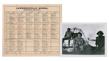 Two more assets from the Lawrenceville archives. On the left is a school classes timetable dated 1894 to 1895. On the right an image of three men in army attire.